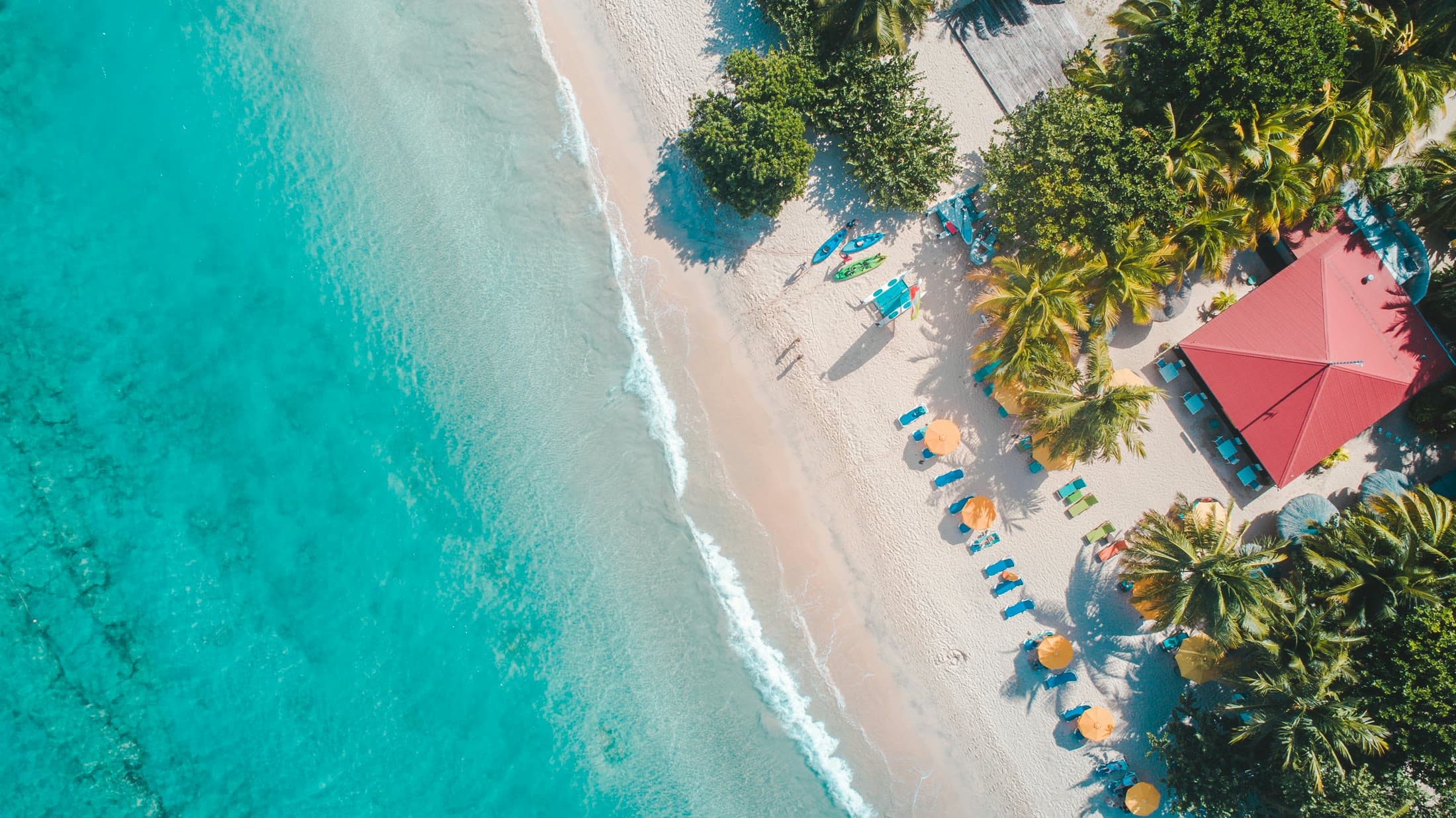 Aerial beach club, palms and turquoise shallows