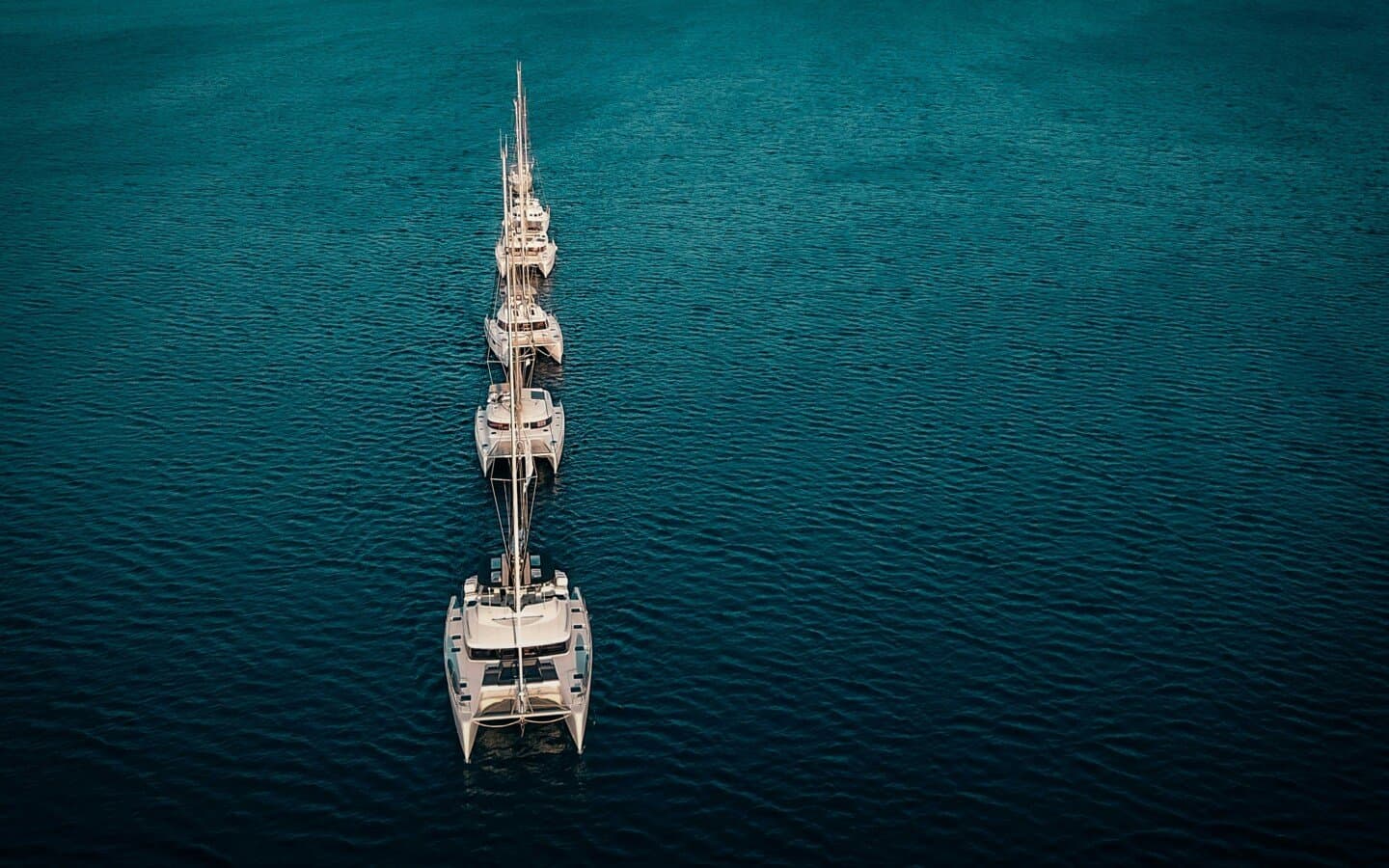 Aerial view of sailing catamarans anchored in line on deep blue water