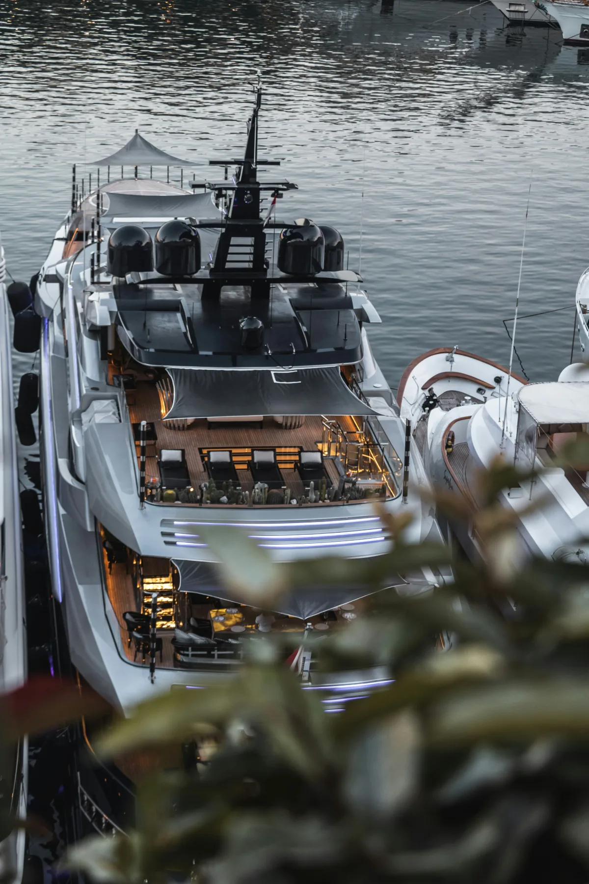 Aerial view of a motor yacht at anchor