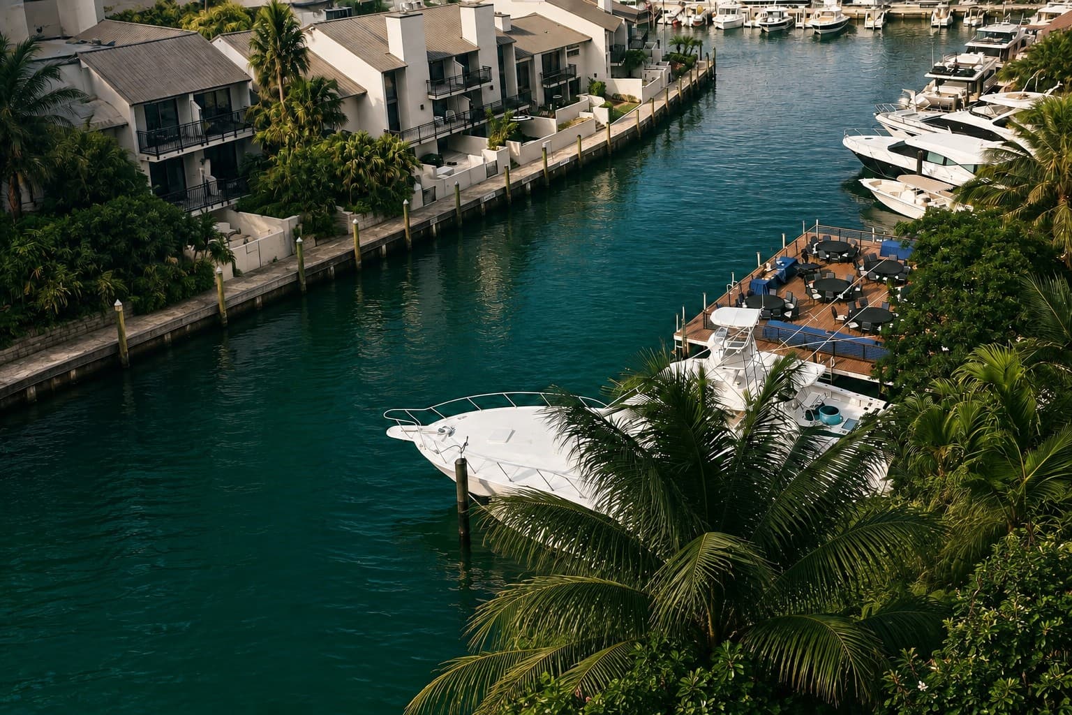 Aerial view of a marina with berthed yachts