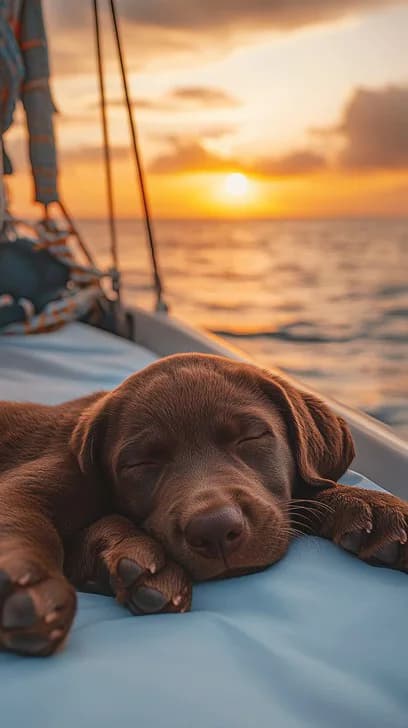 Puppy asleep on a yacht deck at sunset